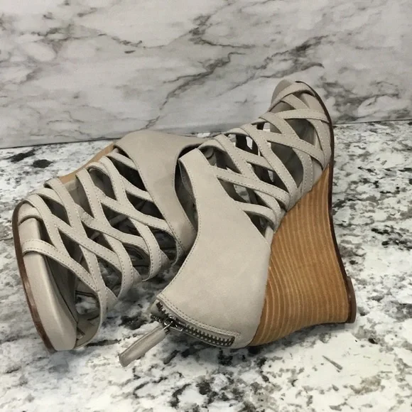 Eileen Fisher Cage Strap Lattice  Leather Gray Wood Wedge Sandal - Picture 9 of 12